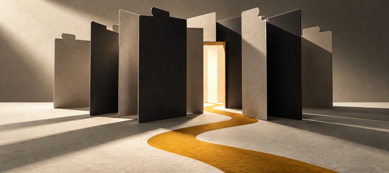 A winding golden path leads through shifting paper panels toward a brightly lit doorway.