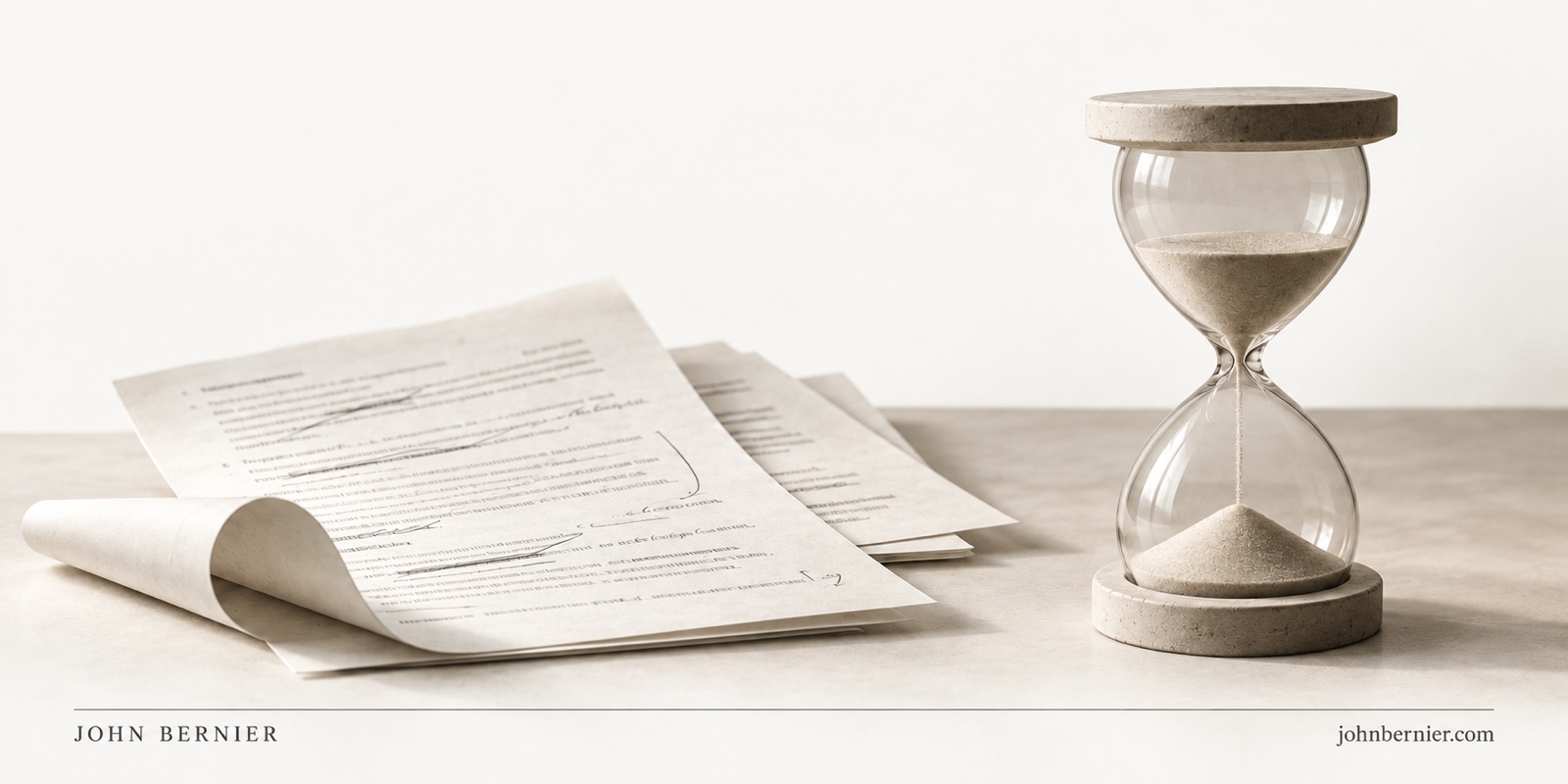 An hourglass beside marked-up draft pages in warm cream tones, with John Bernier branding.