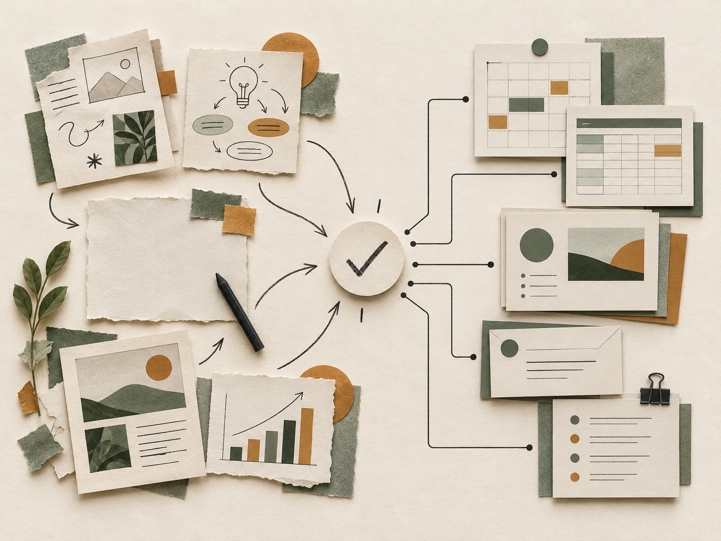 A warm paper-collage comparison of a flexible creative workspace and a structured office workflow joining at a human review checkmark.