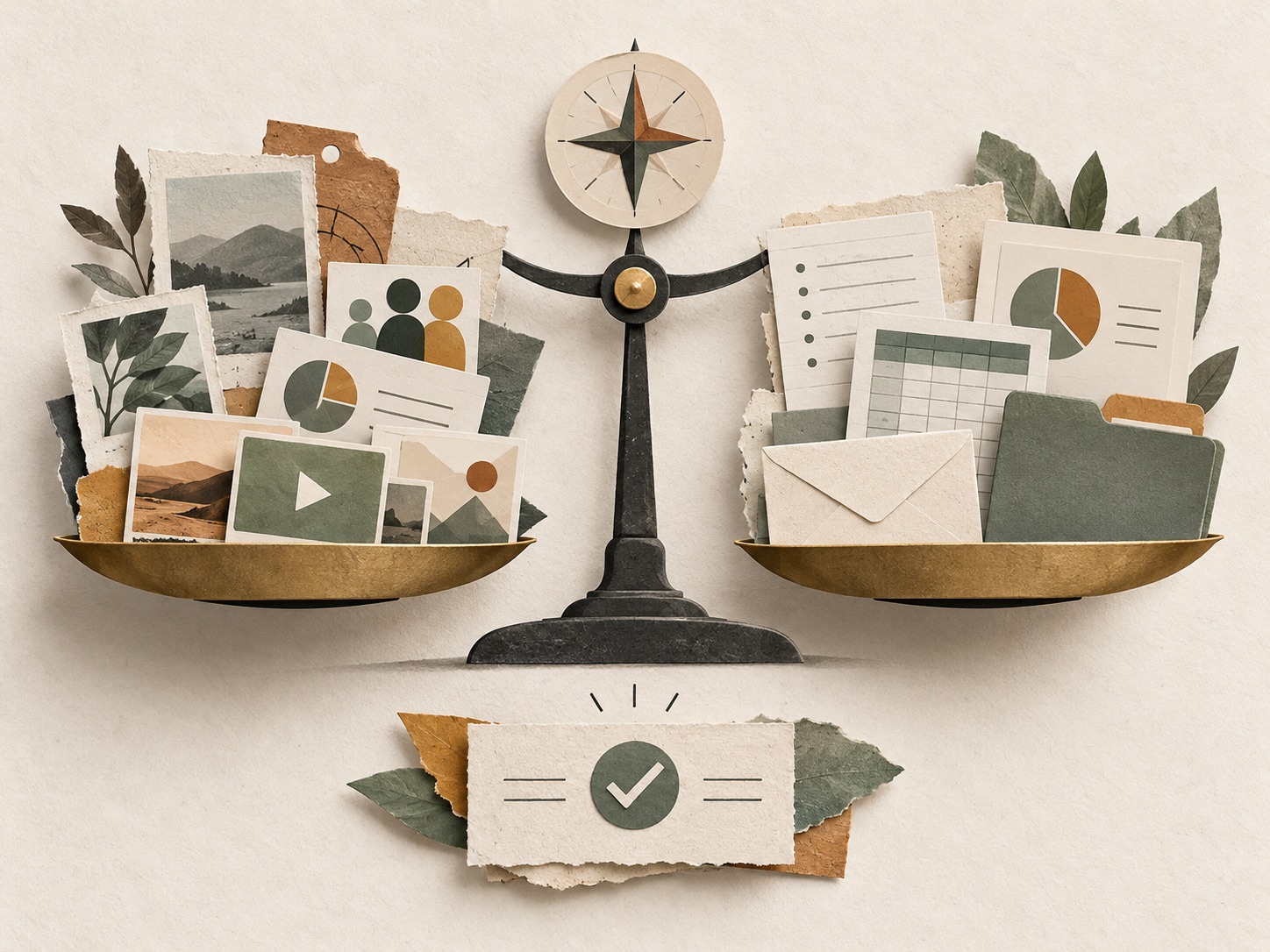 A balanced paper scale comparing creative campaign materials with structured office documents beneath a compass and final review card.
