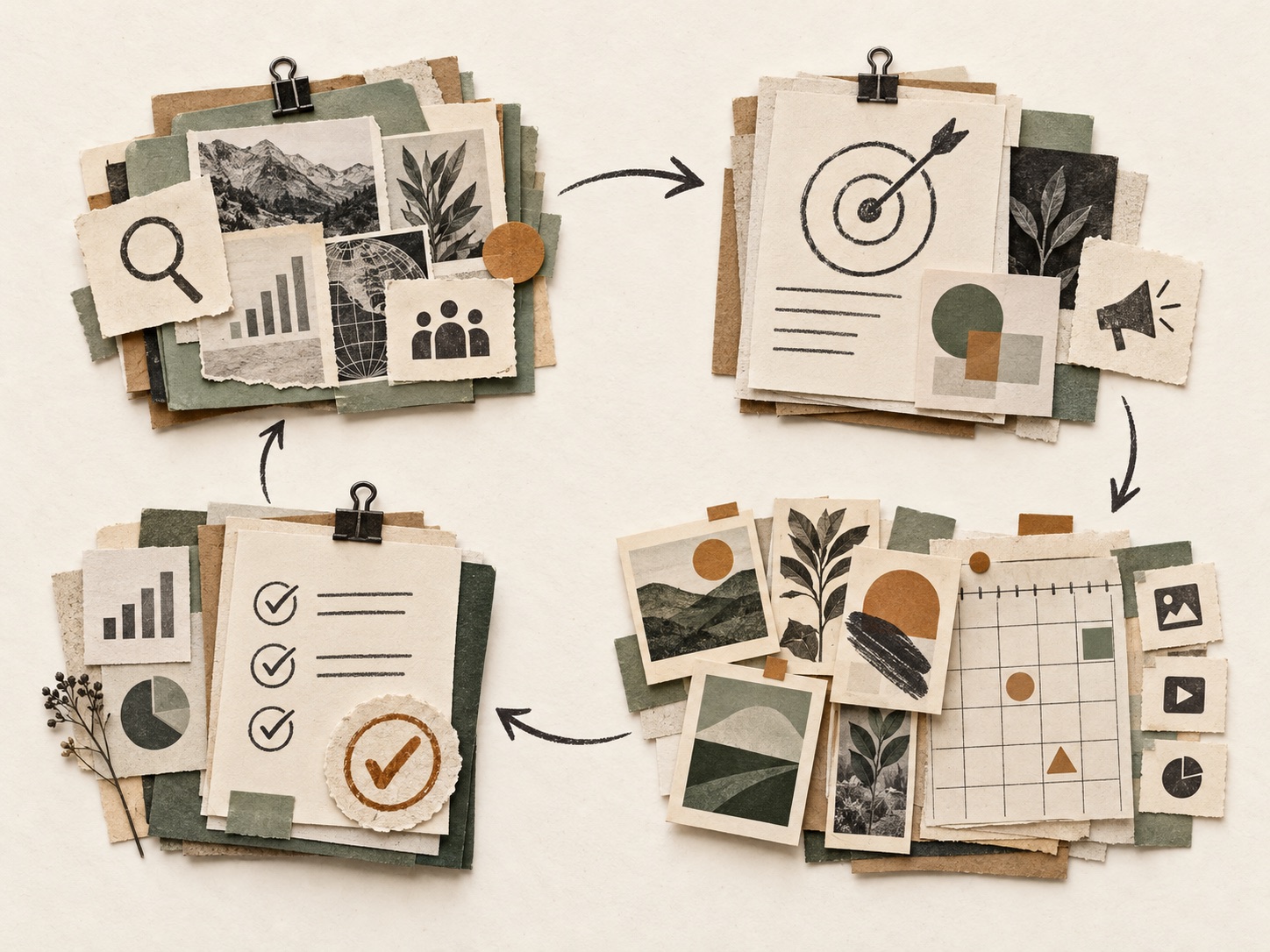 A four-part paper-collage workflow connecting research, campaign direction, content planning, and editorial approval.