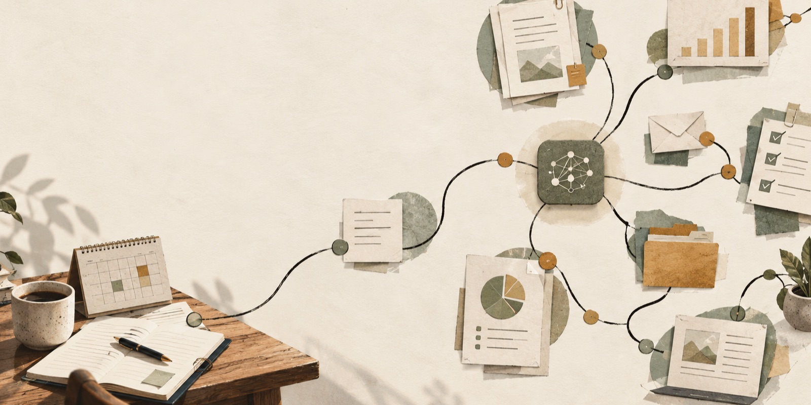 A warm editorial workspace where paper documents, a calendar, charts, and folders connect to a central abstract AI agent.