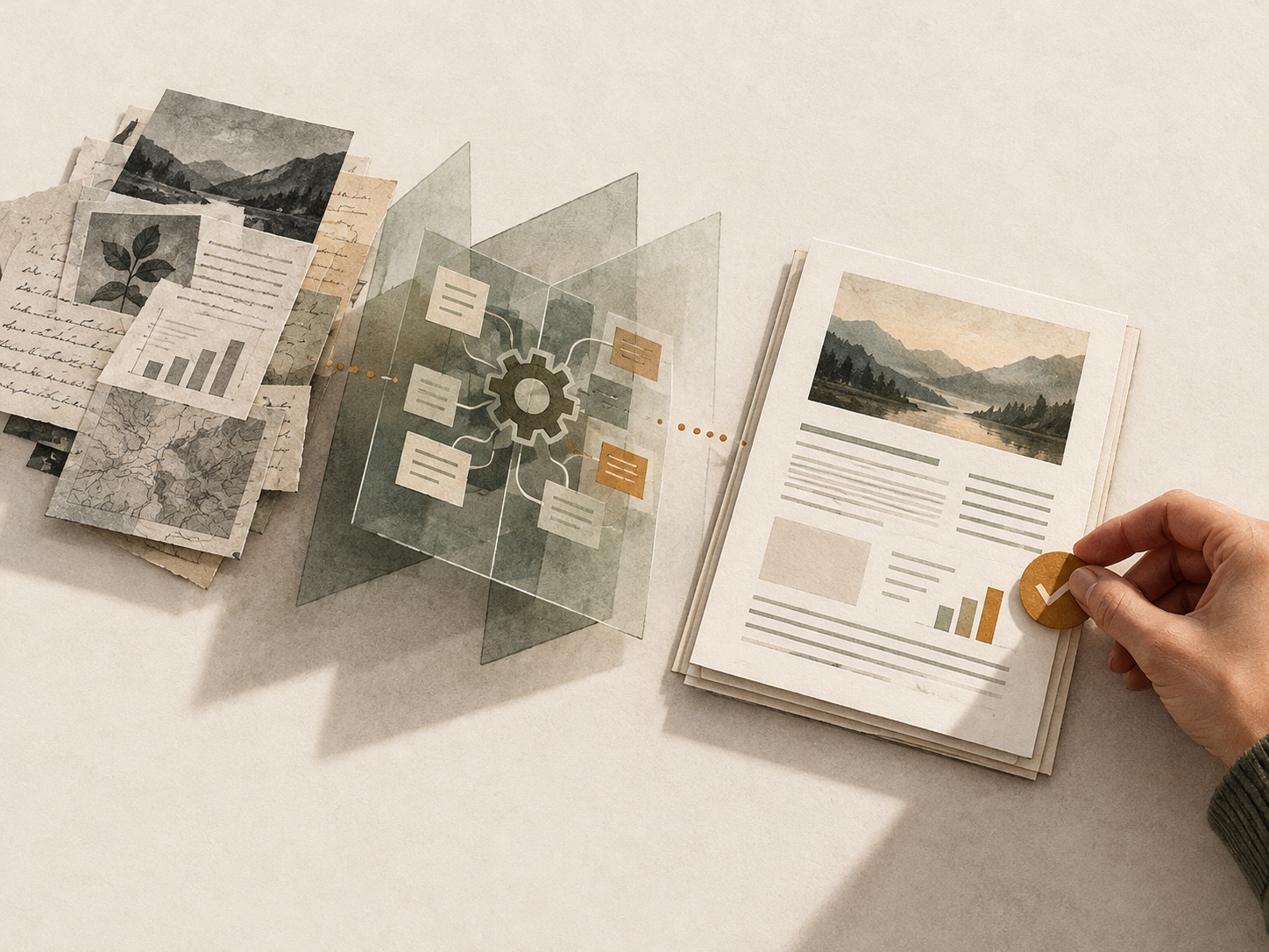 A hand placing a final review marker beside layered source material, agent work, and a finished document.
