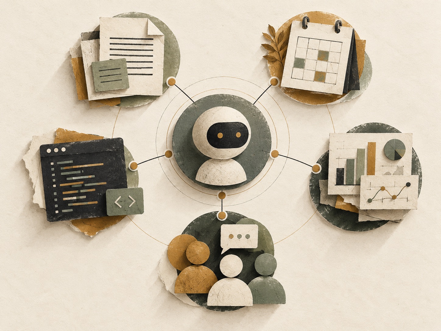 An editorial map of a central AI agent connected to documents, calendar work, analysis, code, and team collaboration.