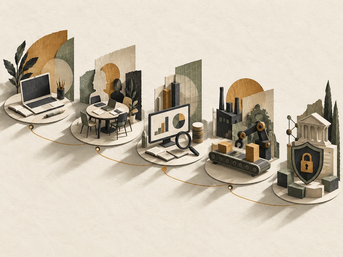 Five connected, abstract workstations representing personal assistance, team work, analytics, industry workflows, and governance.