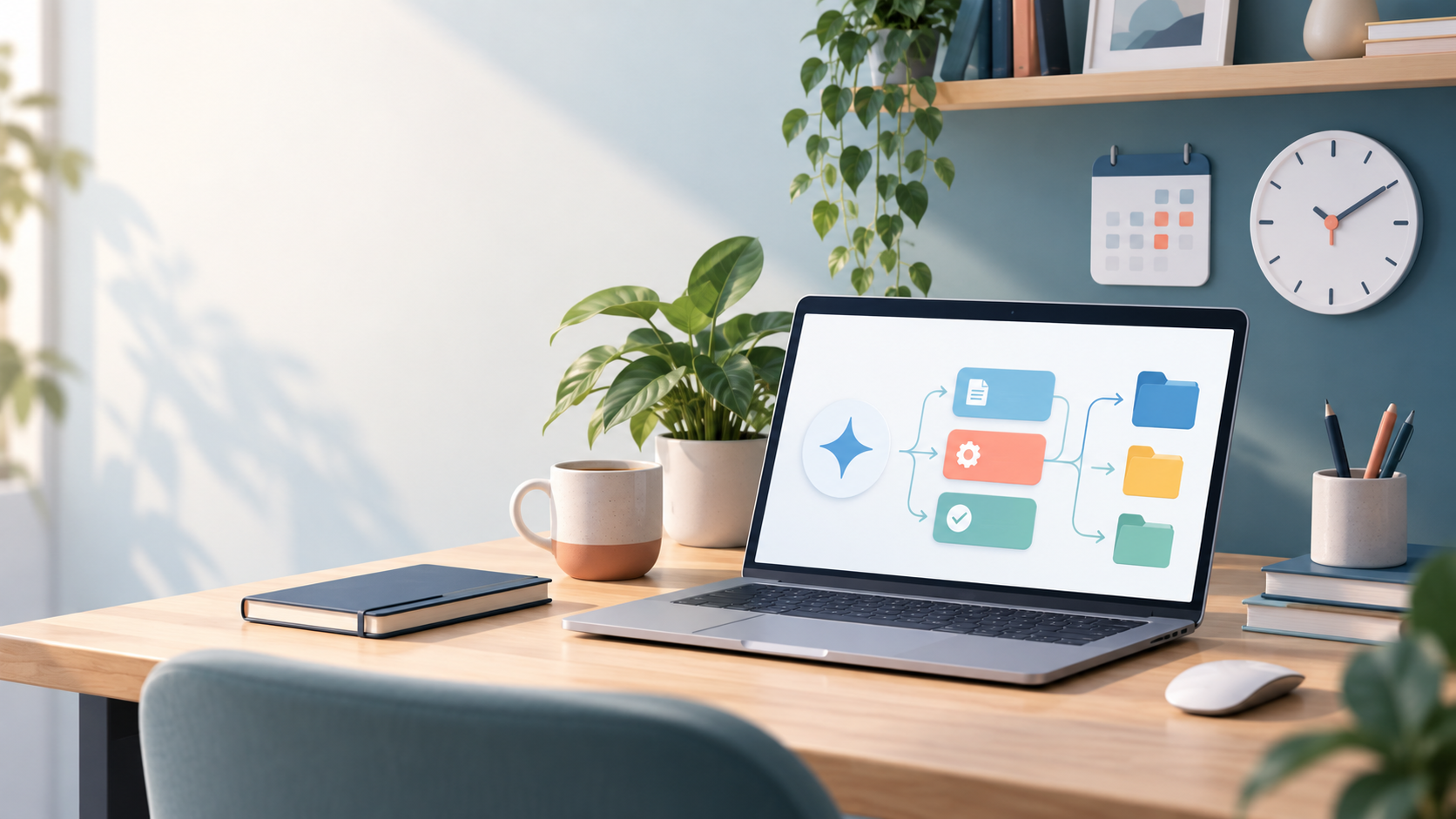 An organized desk with a laptop displaying an abstract workflow, a calendar, a clock, and colorful folder icons.