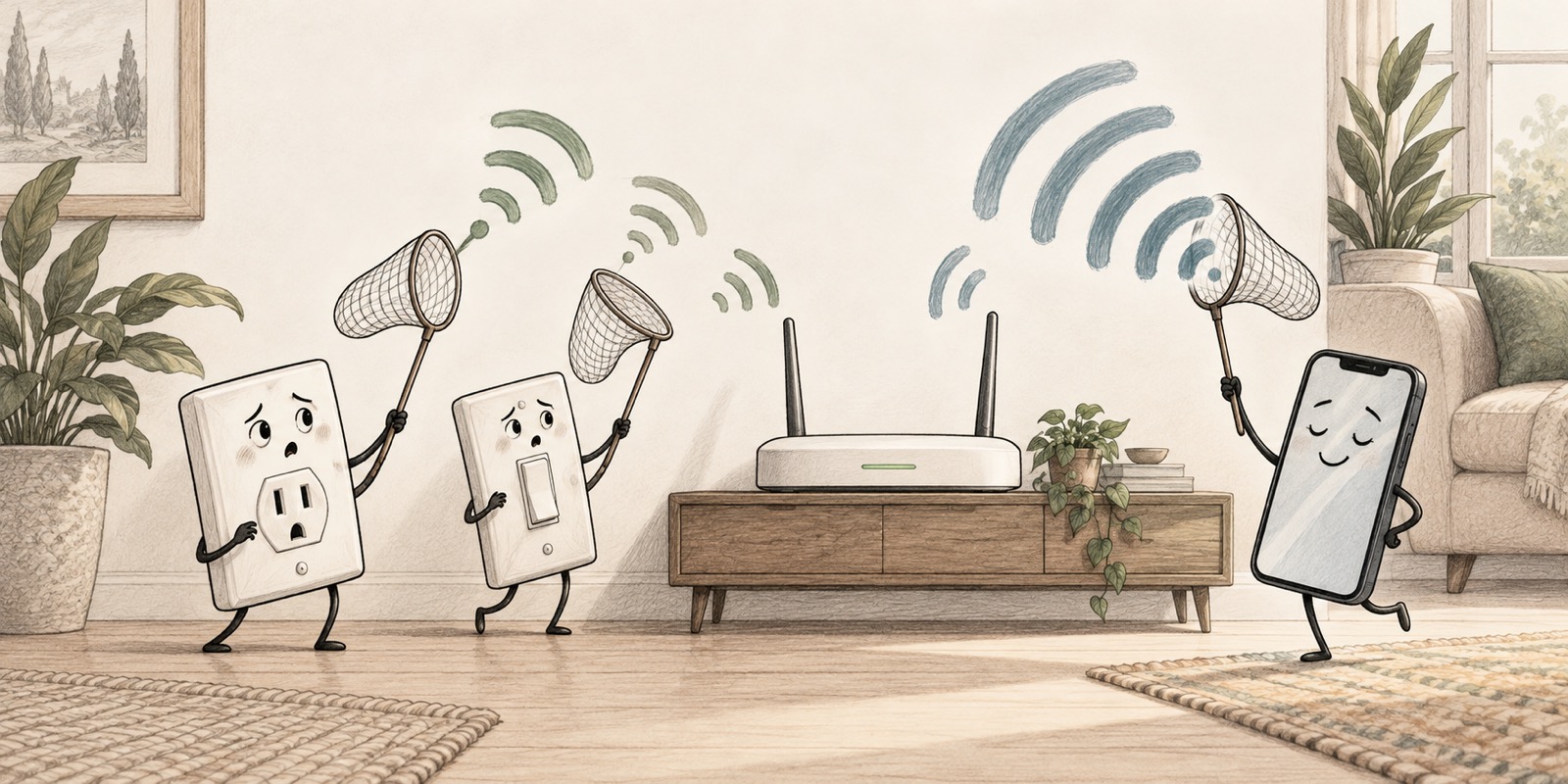 A bewildered outlet and light switch try to catch Wi-Fi signals with butterfly nets while a smartphone confidently catches its own.