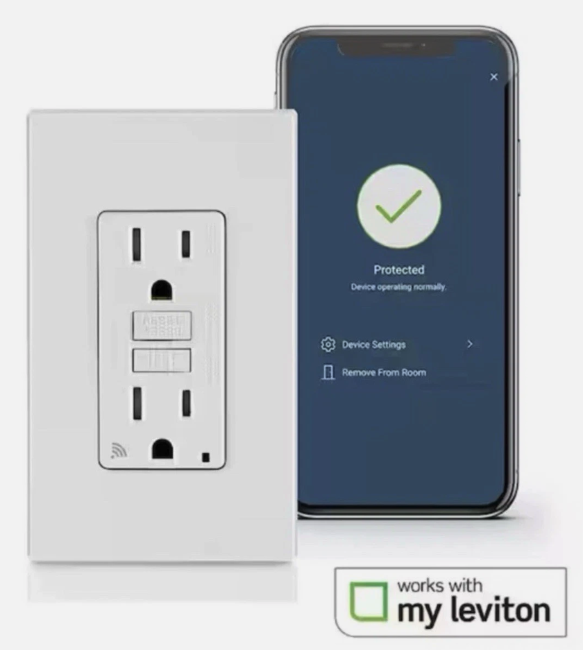 Leviton Smart GFCI outlet beside a phone showing Protected in the My Leviton app.