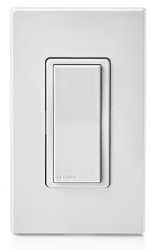 White Leviton Decora Smart paddle switch with a matching wall plate.