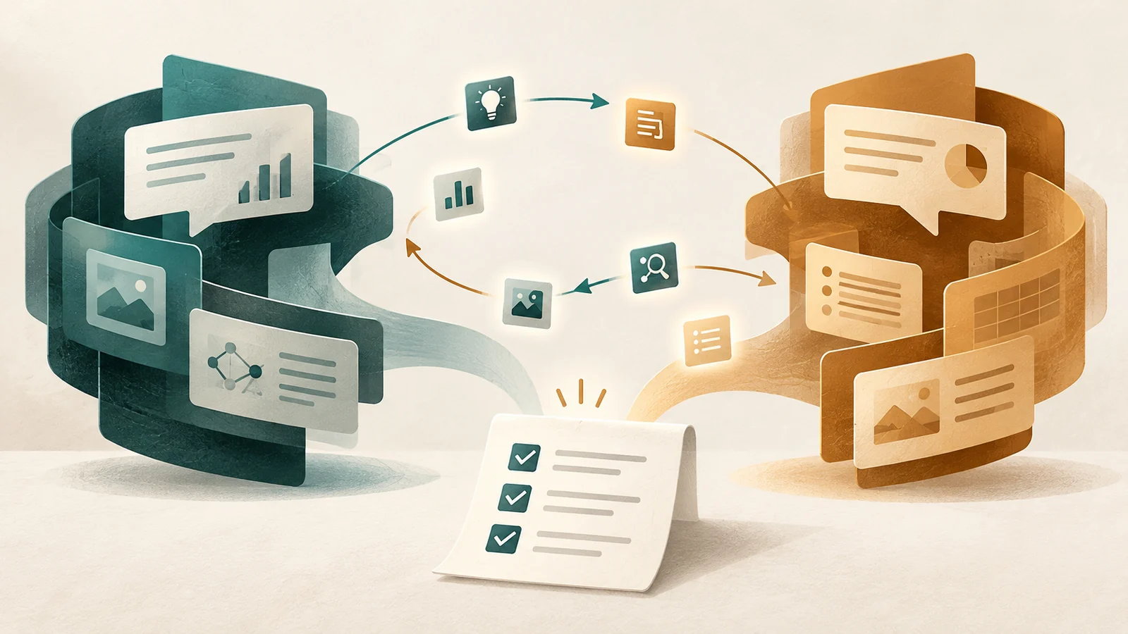 Two abstract conversation streams exchange ideas and converge on a reviewed project plan.