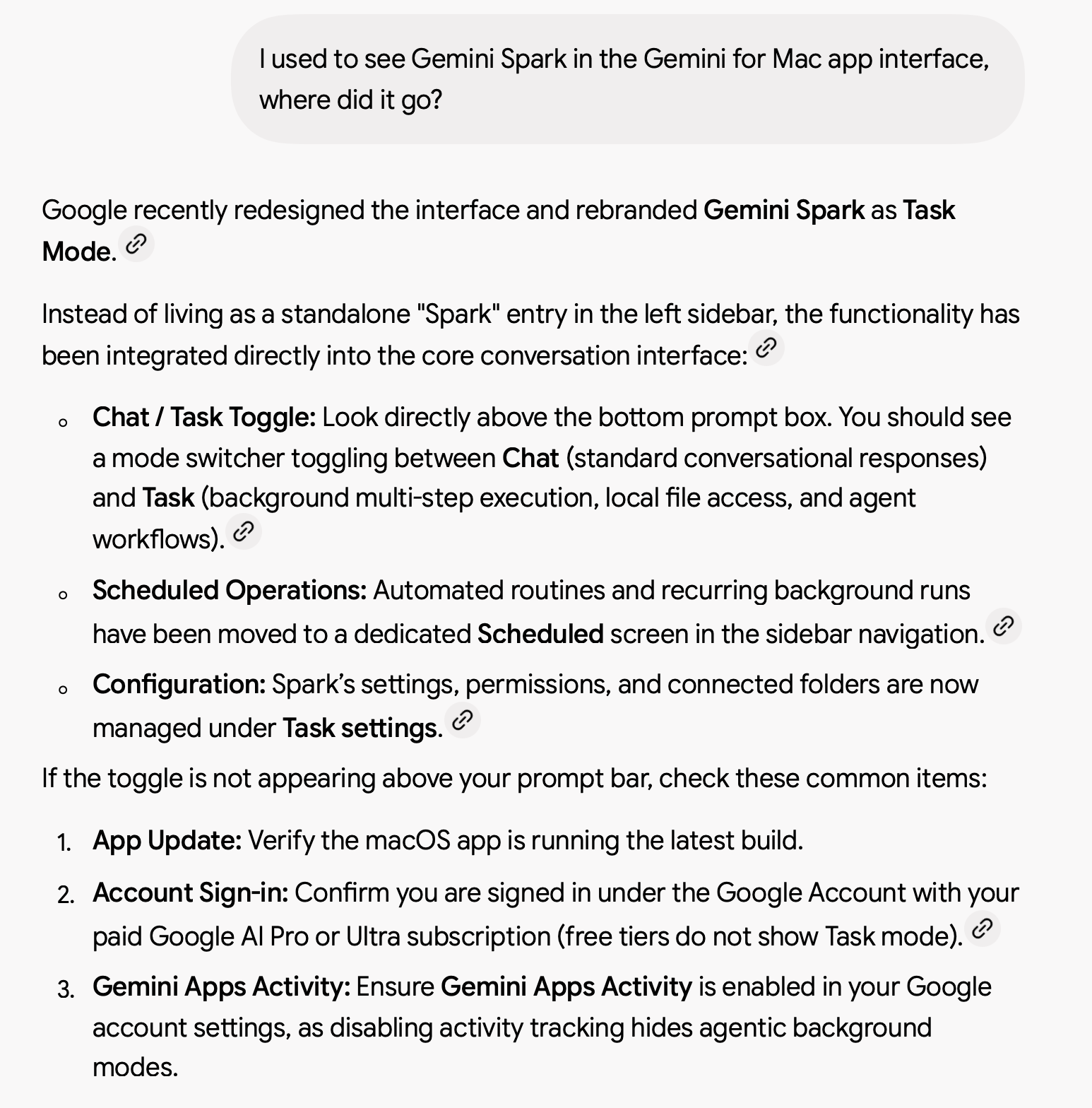 Screenshot of my question asking where Gemini Spark went in the Mac app, followed by Gemini’s explanation about Task Mode and suggested settings checks.