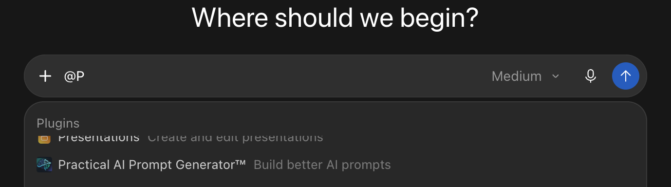 Typing @P in ChatGPT brings up the Practical AI Prompt Generator in the plugin menu.