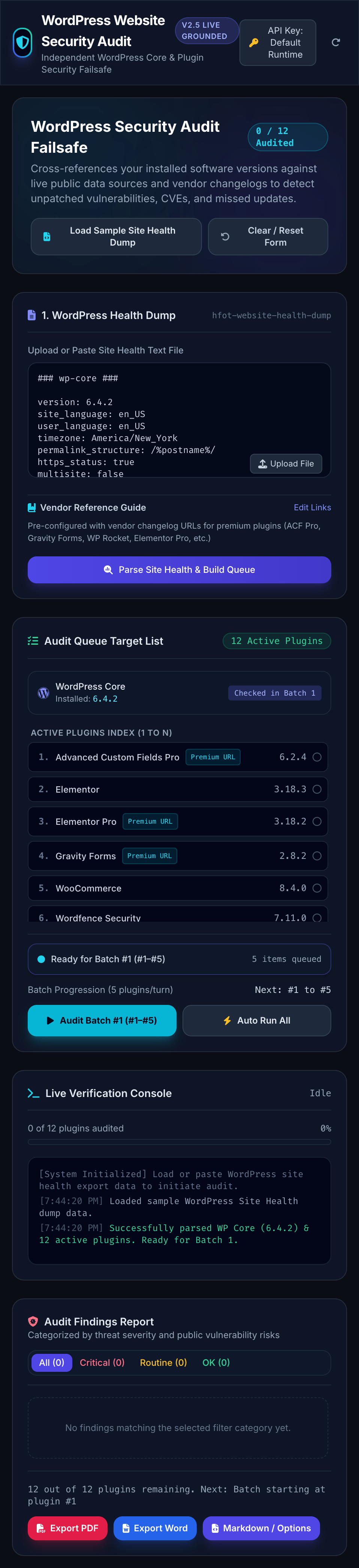 The WordPress Website Security Auditor interface, showing its Site Health export form, plugin audit queue, live verification console, and findings report.