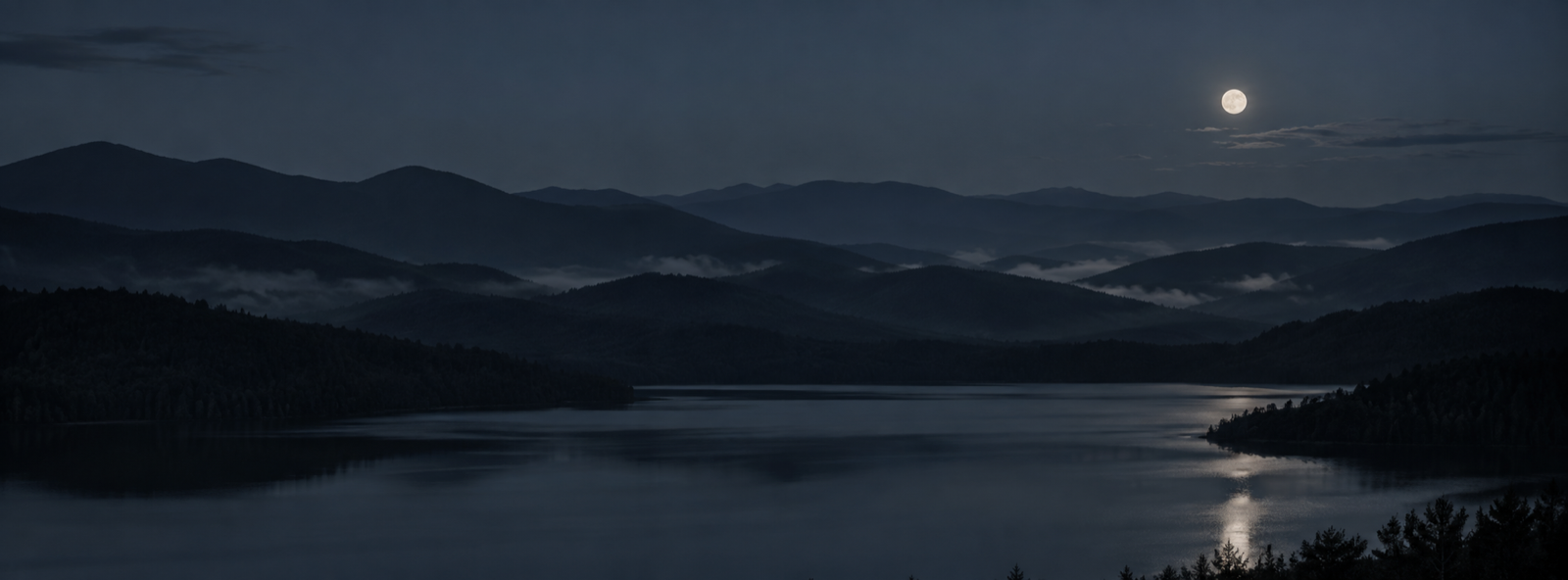 Layered mountain ridges and a still lake beneath a moonlit night sky.